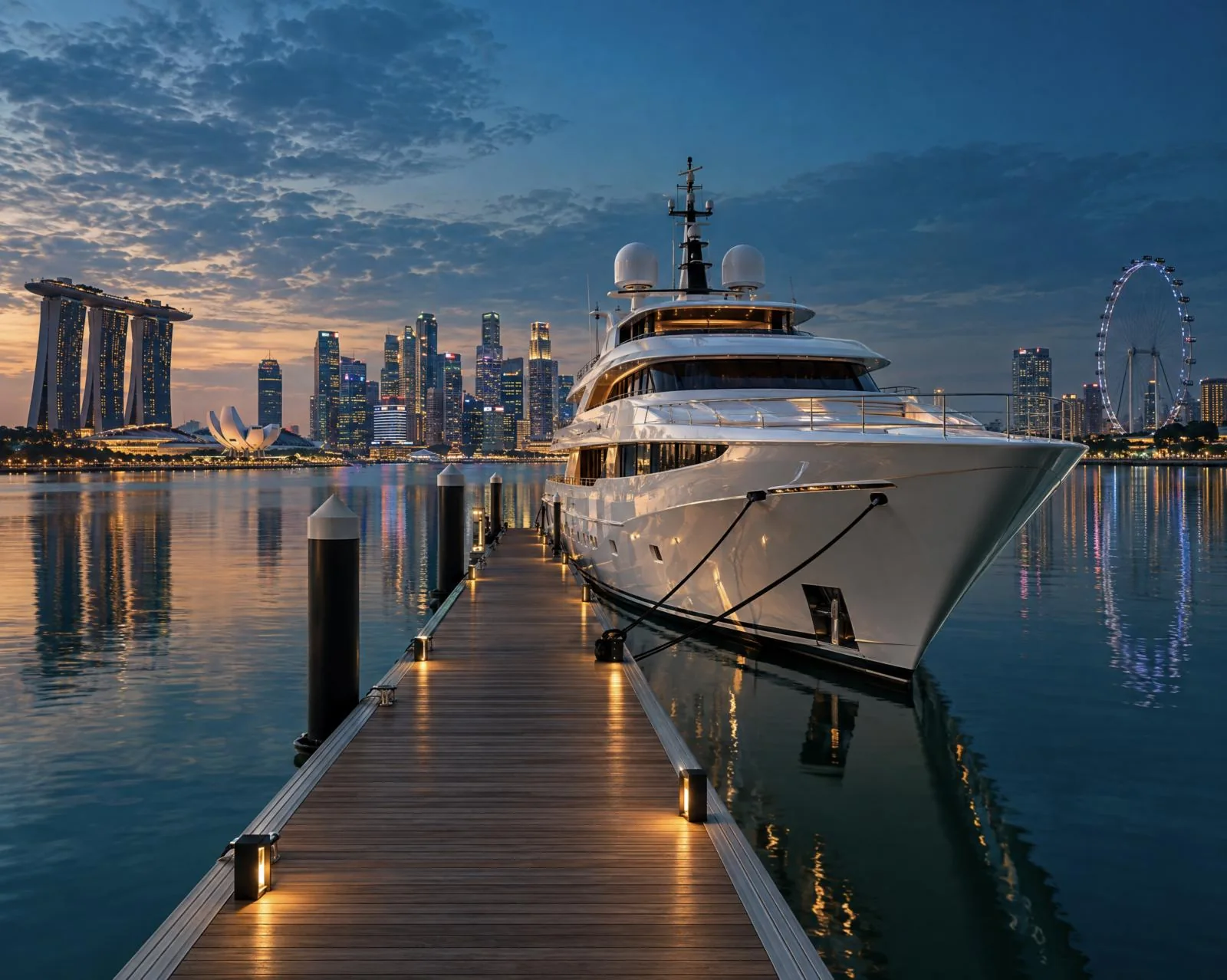 A superyacht moored at a private pier with the Singapore skyline at dusk