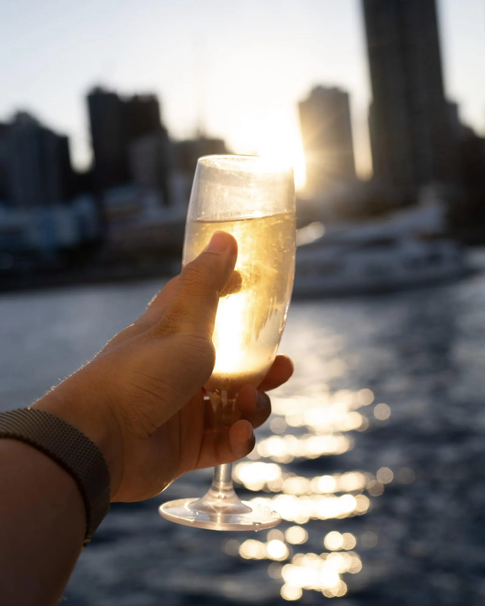A glass of champagne raised against a waterfront skyline at sunset