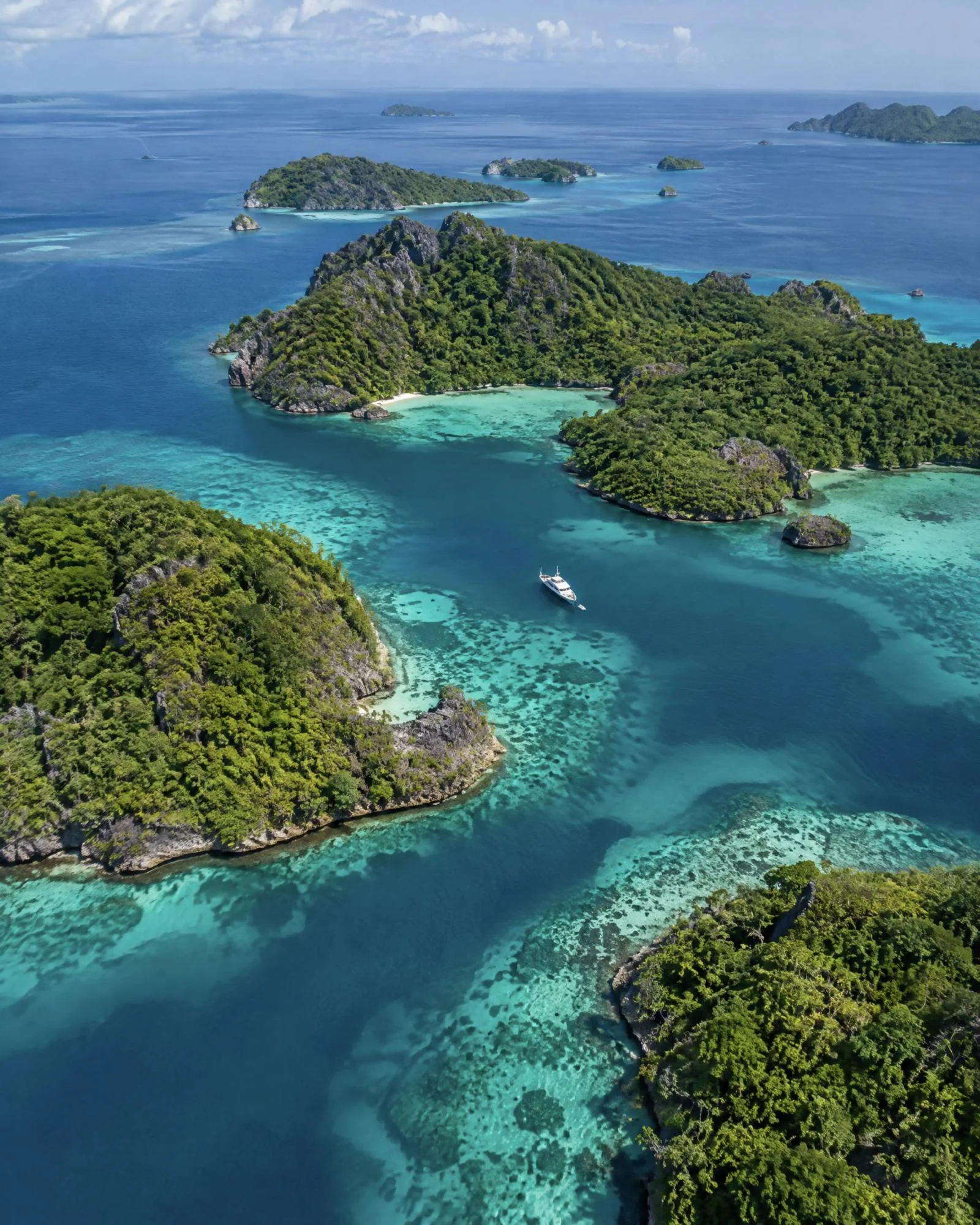 A green island surrounded by clear water