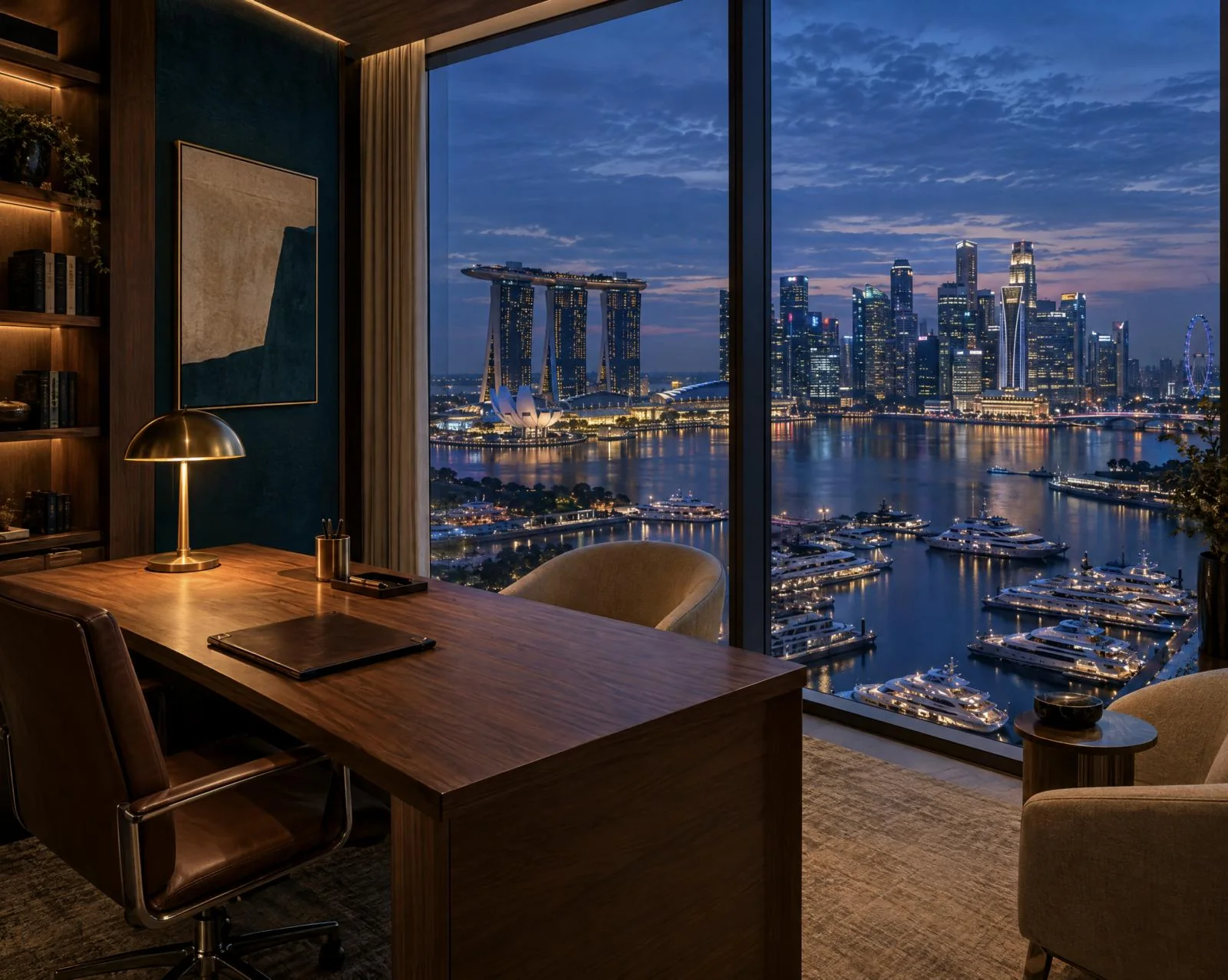 A private office overlooking a Singapore marina at dusk