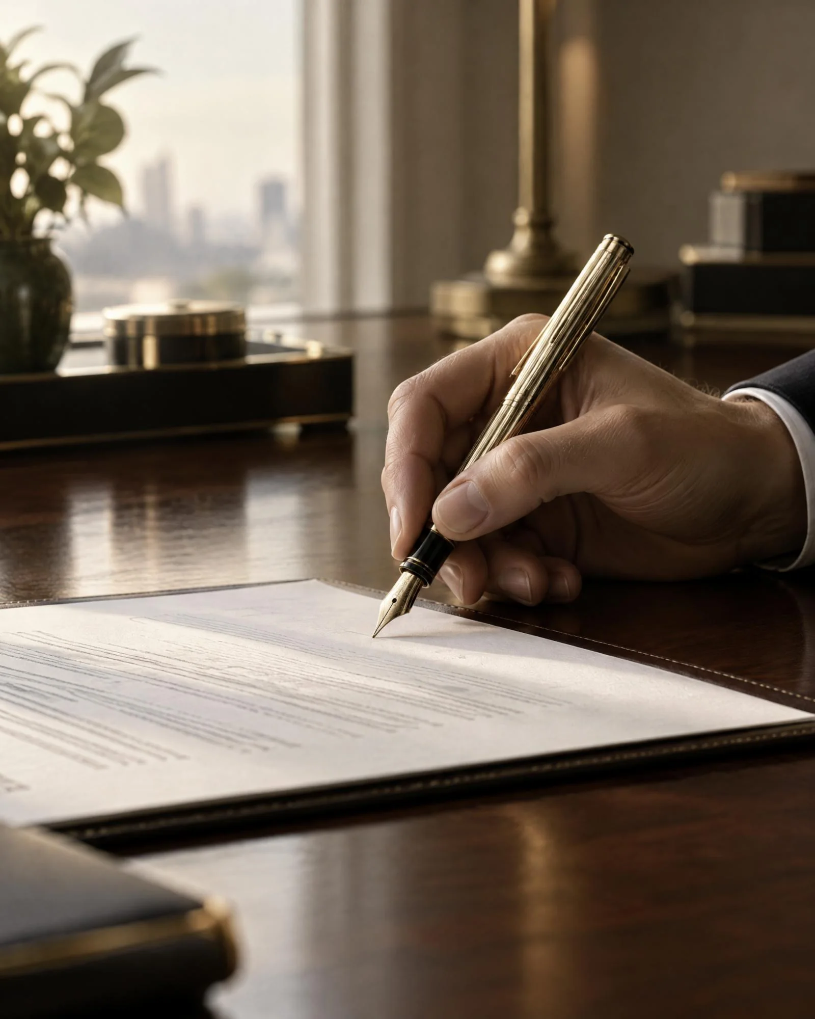 A gold fountain pen resting on a white surface
