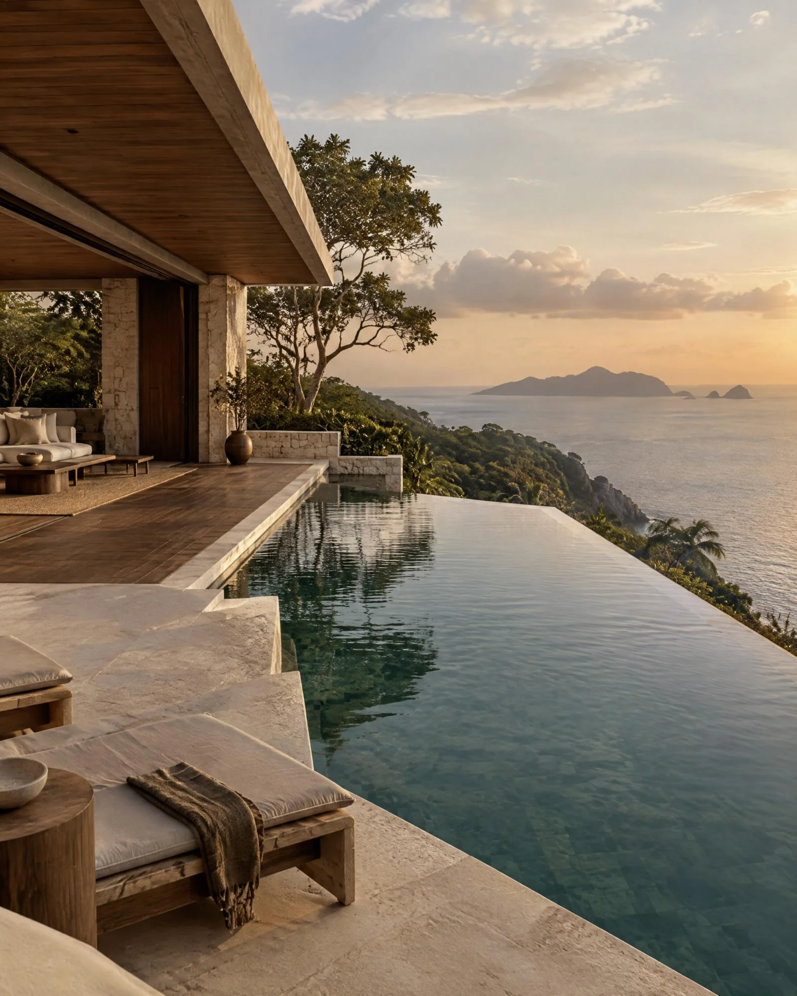 A private residence with a pool at golden hour
