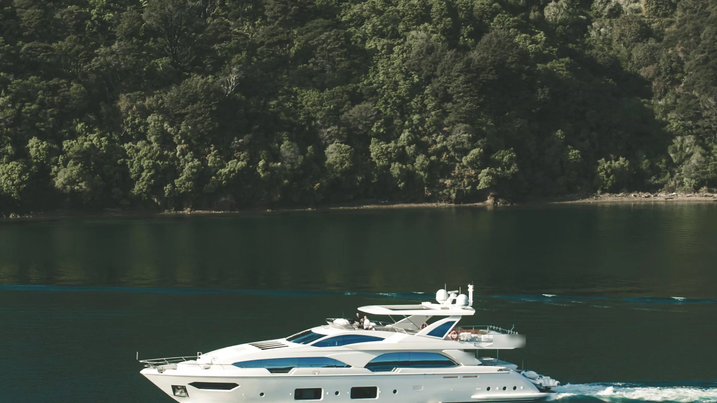 A motor yacht cruising past a forested shoreline